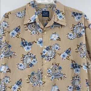 High Sierra Beige and Blue Floral Men's Hawaiian Shirt Size XL hula girl ukulele